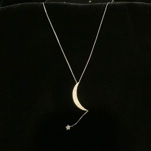 18 inch sterling silver 925 moon and star necklace with white crystals